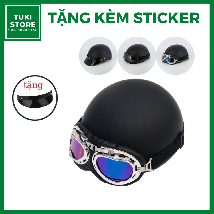 - Mũ bảo hiểm nửa đầu chính hãng mầu Đen kèm kính UV, kính phi công, nón bảo hiểm 1 phần 2 freesize