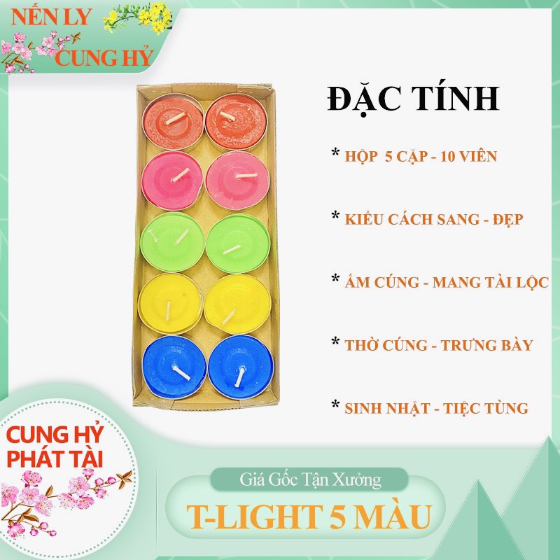 Đèn cầy t.light ngũ sắc sang trọng - hộp 10 viên 5 màu - nến ly cung hỷ
