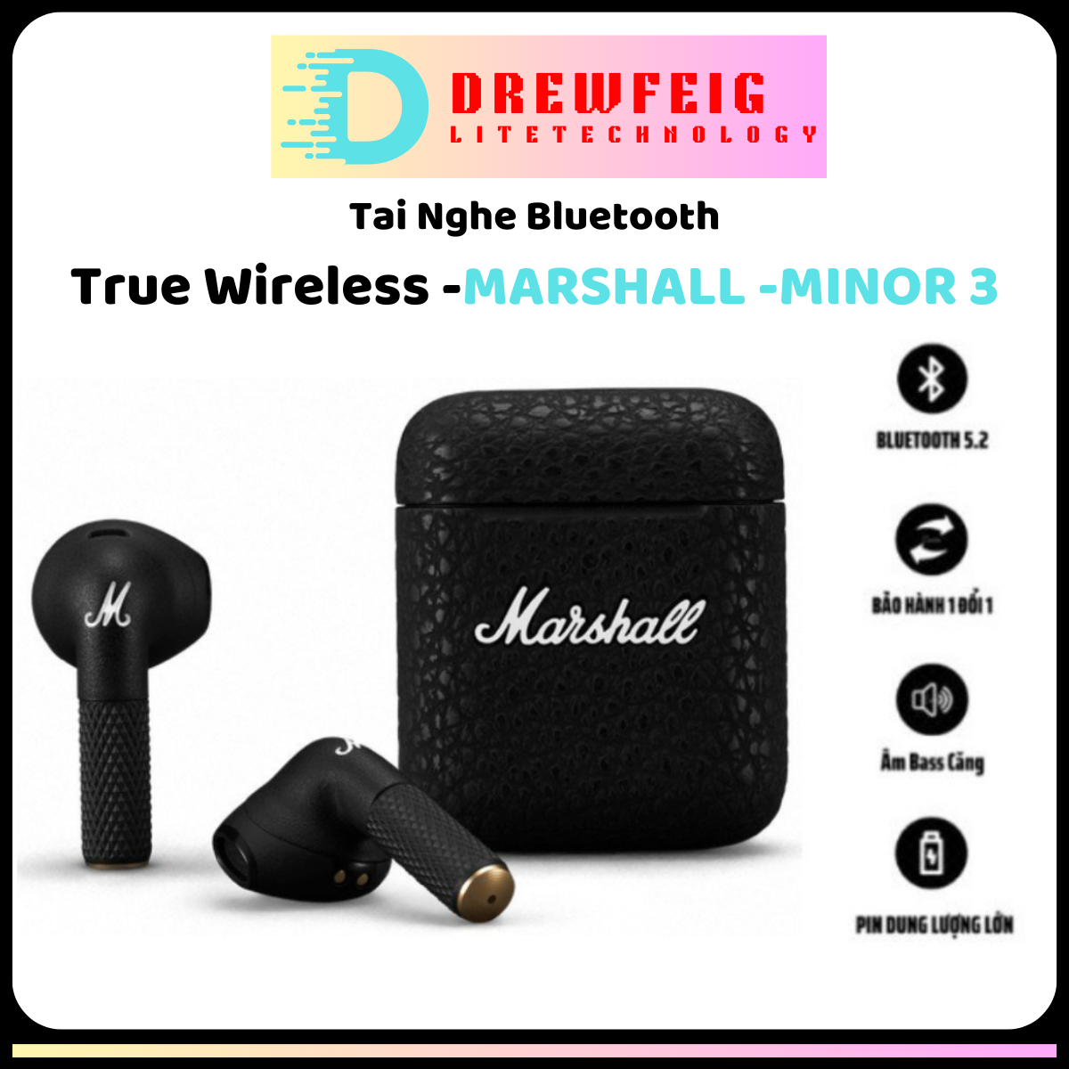HCM Tai Nghe Bluetooth True Wireless MARSHALL MINOR 3 Nhét Tai Chống ồn ANC