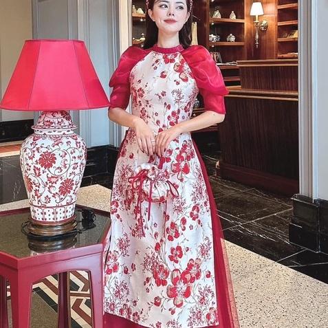 Áo dài cách tân nữ Chi Họa tiết nhí Thi Loan Tiệm 90 may sẵn cổ xếp bèo tay bồng lỡ dự tiệc lế tết đẹp AD90033