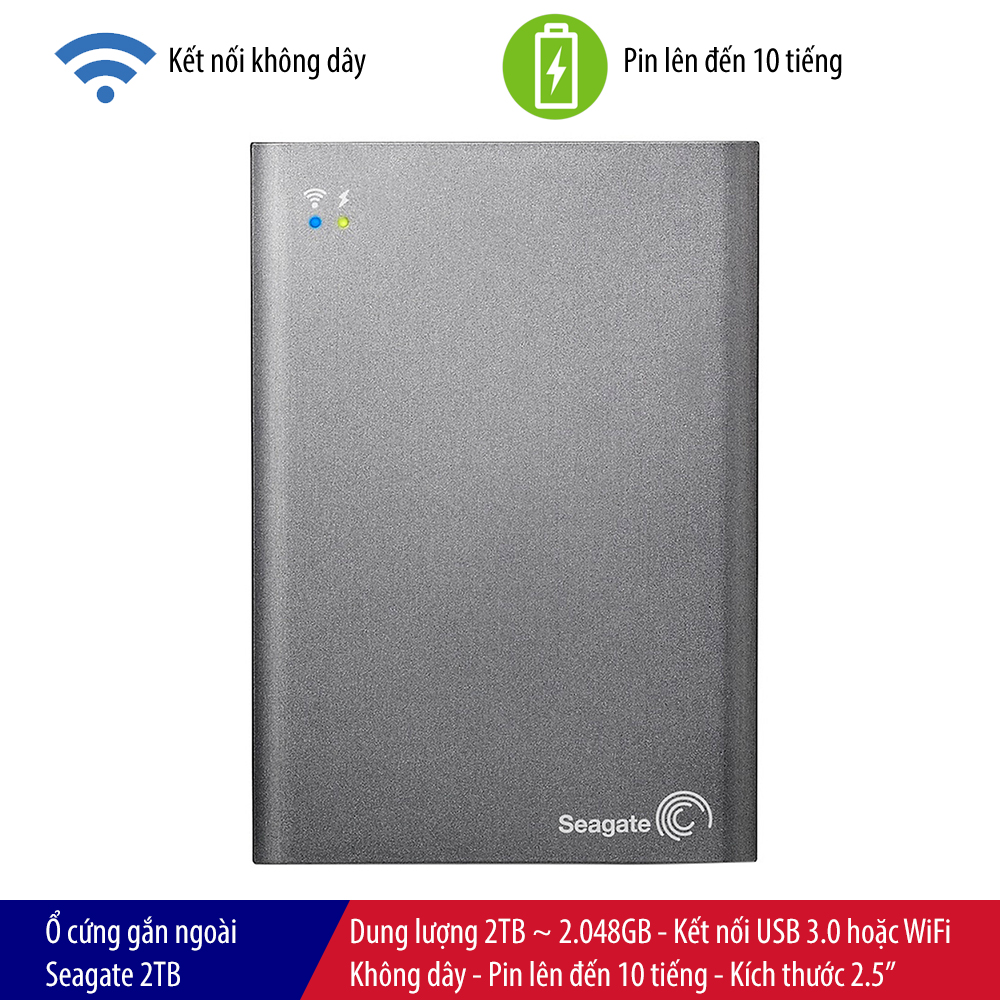 Ổ cứng gắn ngoài Seagate Wireless Plus 1TB / 2TB, kết nối USB 3.0, kết nối WiFi, pin 10 giờ, kích thước 2.5"