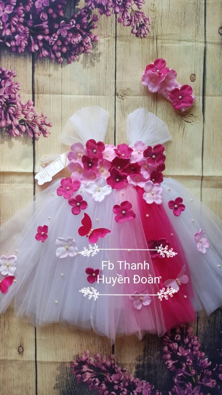 Váy bé gái tutu công chúa vải voan màu trắng pha ít hồng - hoa cẩm tú cầu cho bé từ 0- 10 tuổi