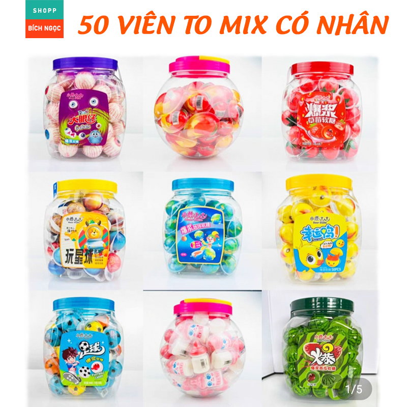 Hộp 50 Viên Kẹo Dẻo Con Mắt Viên To Có Nhân, Mix Vị Trái Cây Thơm Ngon Fun Eyeballs Hongkong, Hành tinh, Quả Dưa Hấu, Hình Vịt Con Hàng Nhập Top Bán Chạy
