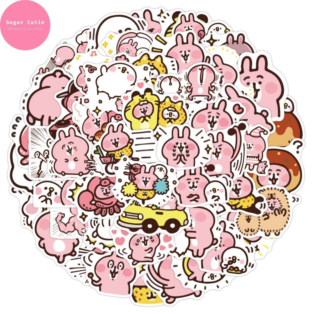 Stickers icon hoạt hình Piske và Usagi Kanahei Rabbit thỏ hồng 50 miếng không thấm nước