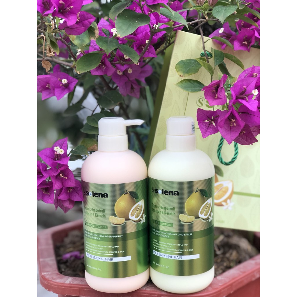 [Freeship] Cặp Dầu Gội Dầu Xả Bưởi Kích Thích Mọc Tóc Selena Organic Grapefruit Collagen và Keratin 800ML X 2