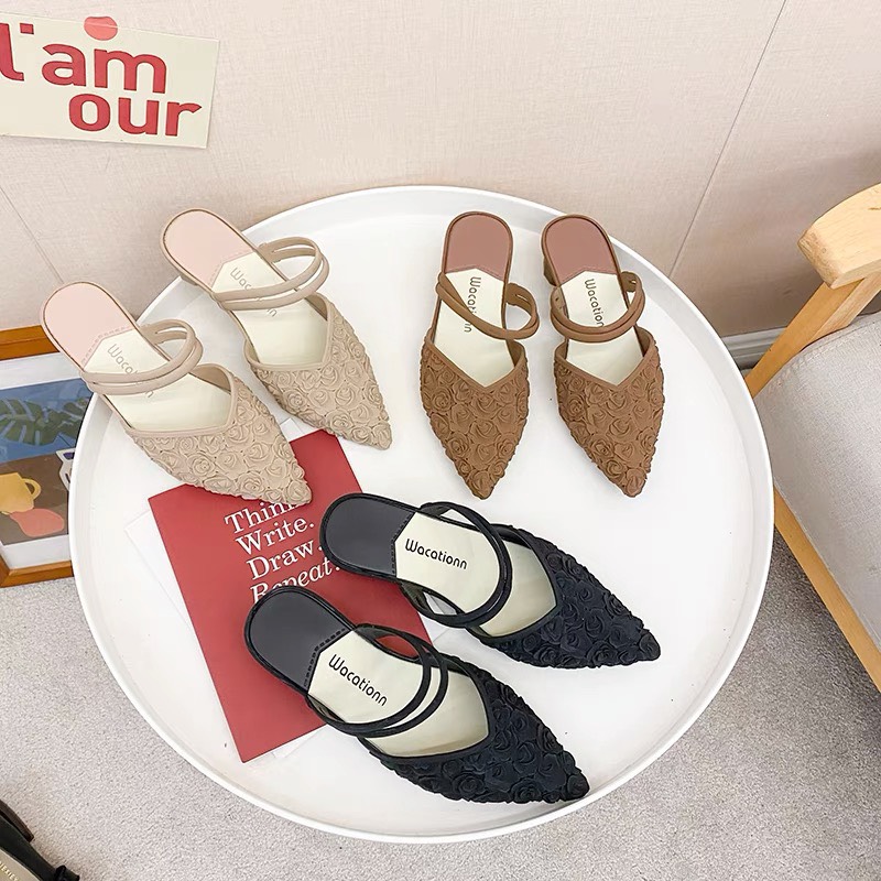 Giày sục nhựa nữ 4-5cm l giày sục nữ chống nước l Giày nữ đi mưa họa tiết hoa hồng có quai