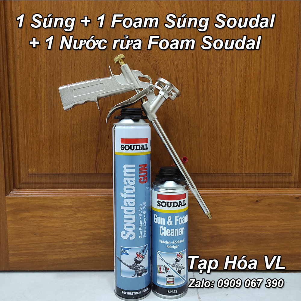 1 sung bắn foam bọt nở + 1 foam sung soudal 750ml + 1 nước rửa foam soudal 500ml