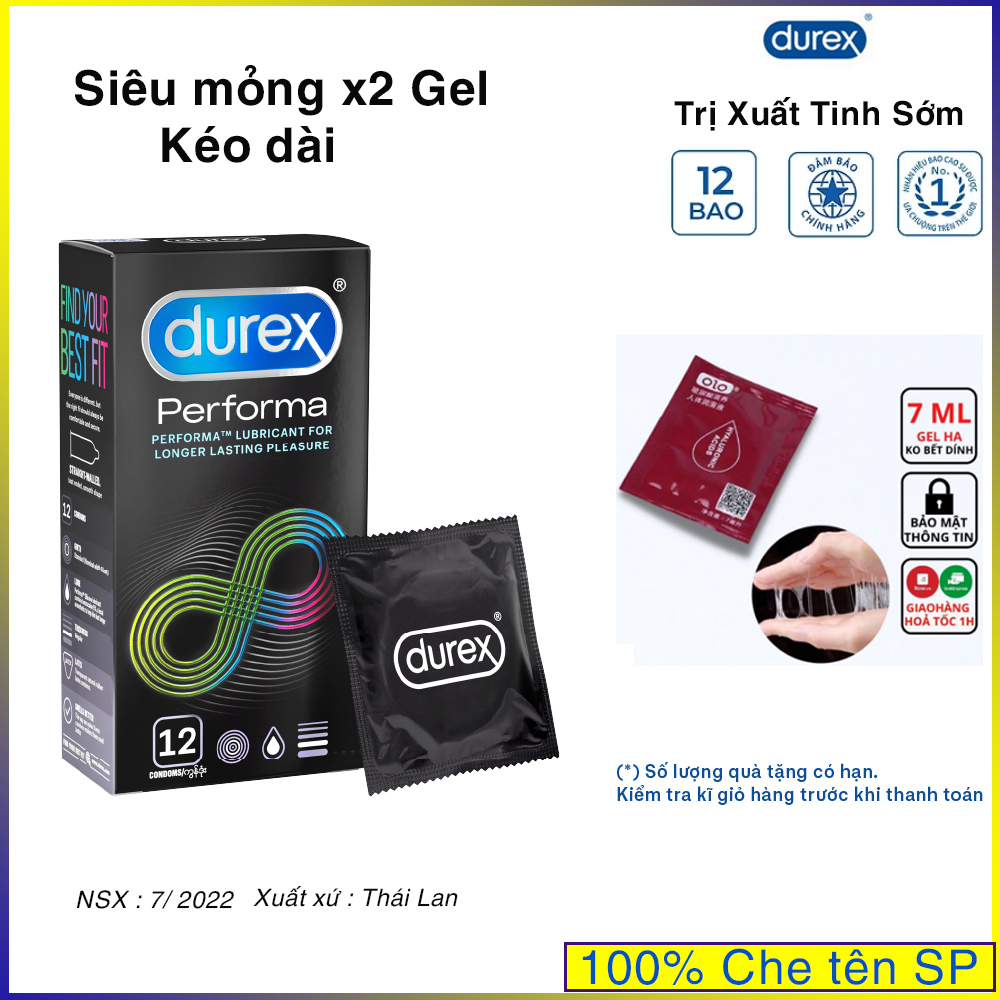Bao cao su kéo dài thời gian Durex Perfoma 12 bao. Chống xuất tinh sớm cho nam, bao mỏng nhiều gel bôi trơn.