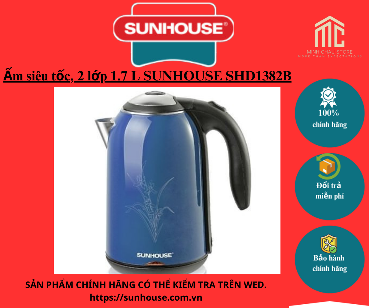 Ấm siêu tốc, bình đun inox 2 lớp 1.7 l sunhouse shd1382b