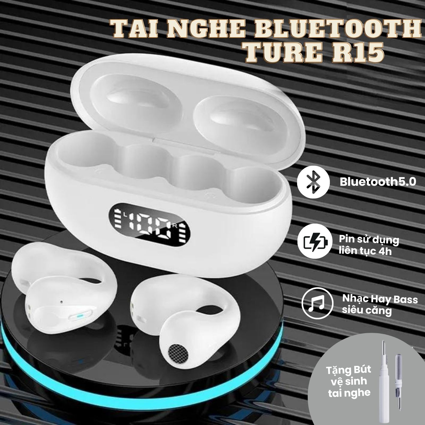 Tai Nghe Bluetooth TUNE R15 , Bluetooth 5.3 , Pin trâu, thiết kế đeo vành tai phong cách mới đeo lâu không đau, chơi game  nghe gọi không bị delay thích hợp mọi loại máy.