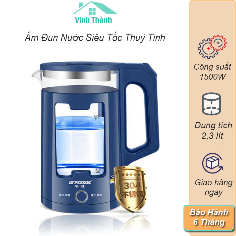 Ấm Siêu Tốc Thủy Tinh - Ấm Đun Nước Thủy Tinh PESKOE Công Suất Lớn 1500W Dung Tích 1,8 Lít Đun Sôi Nhanh