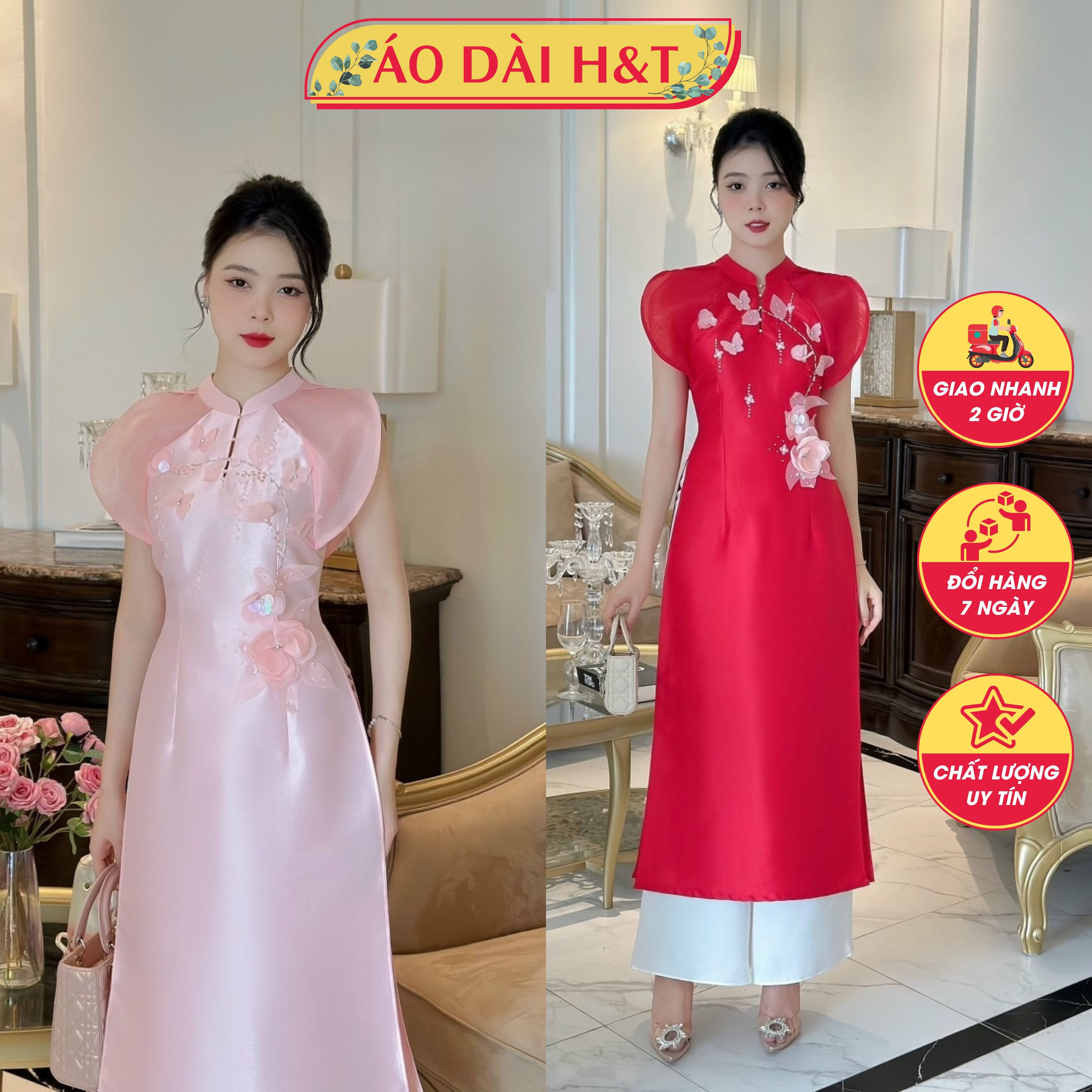 Áo dài cách tân nữ tafta cao cấp phối tơ óng đính kết hoa nổi ấn tượng