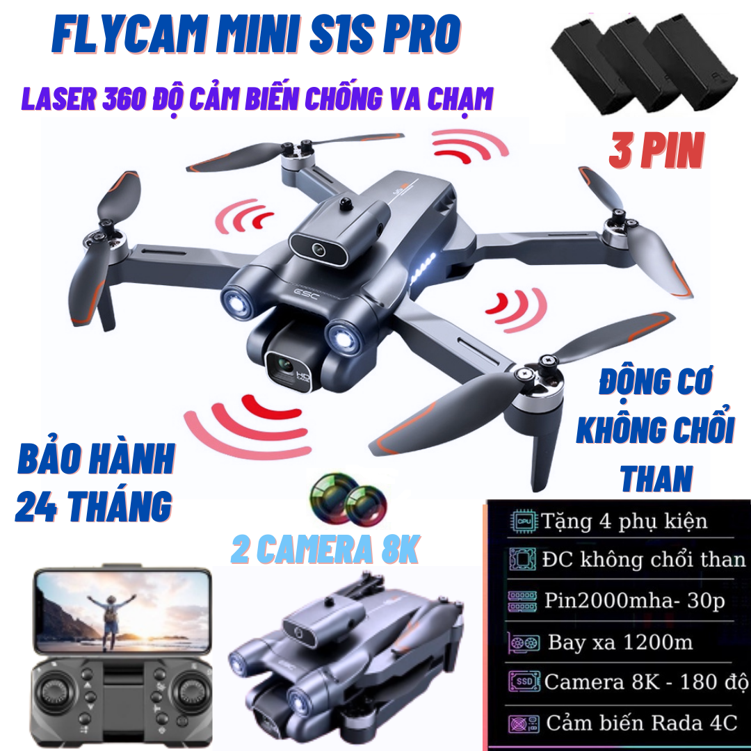 Máy bay không người lái mini Flycam S1S Pro - Drone camera 6k - Flaycam - Fly cam giá rẻ - Máy Bay Flycam - Playcam - Phờ Lai Cam - Play camera - Flycam có camera kép 6K Wifi FPV 4 mặt Tránh chướng ngại vật, Động cơ không chổi than.