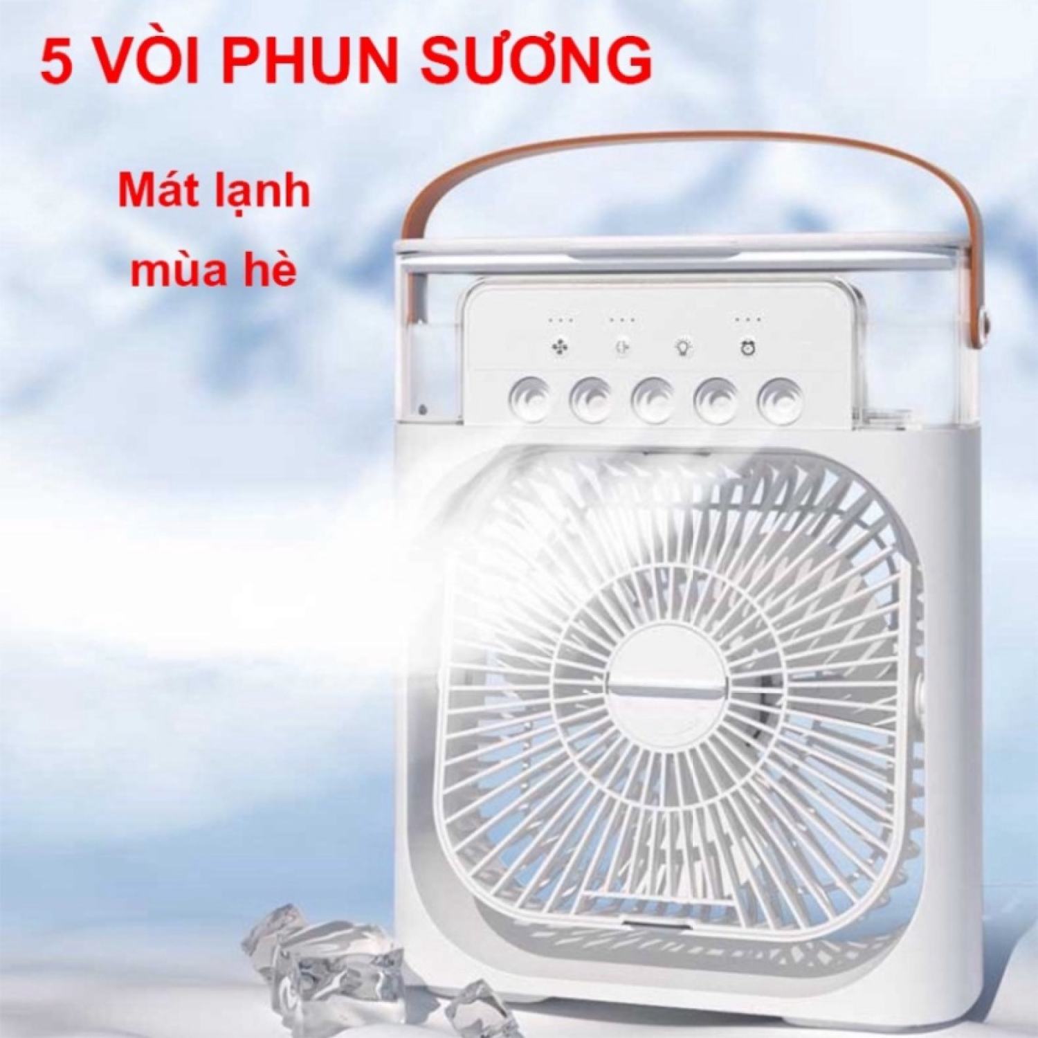 Quạt phun sương để bàn, Quạt mini để bàn tiện lợi, Có 5 vòi phun sương kèm đèn led 7 màu tùy chỉnh- TOP3MIEN