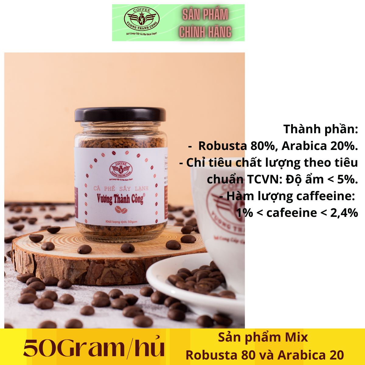 Cà phê hòa tan nguyên chất(1 hủ 50Gram) tỷ lệ 80x20, cafe, cà phê sấy lạnh, cafe hòa tan, cafe sấy lạnh, cà phê sấy lạnh hòa tan[ Vương Thành Công-AB21]Cà phê hòa tan thơm ngon, Tự nhiên, Hậu Ngọt; cafe nguyên chất