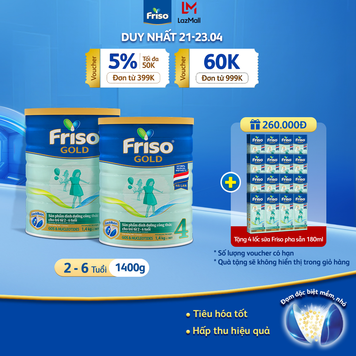 [21- 23/4 VOUCHER ĐẾN 1 TRIỆU] [Tặng 4 lốc RTD 180ml] Bộ 2 lon sữa Bột Friso Gold 4 lon thiếc 1.4KG-cho trẻ từ 2-6 tuổi