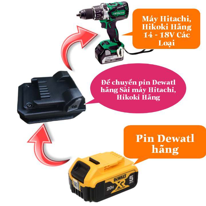 Đế Chuyển Pin Dewalt Dùng Cho Máy Hitachi, Hikoki 14V 18V In Nhựa Chịu Lực Siêu Cứng - Bộ Chuyển Đổi Dewalt Sang Hitachi