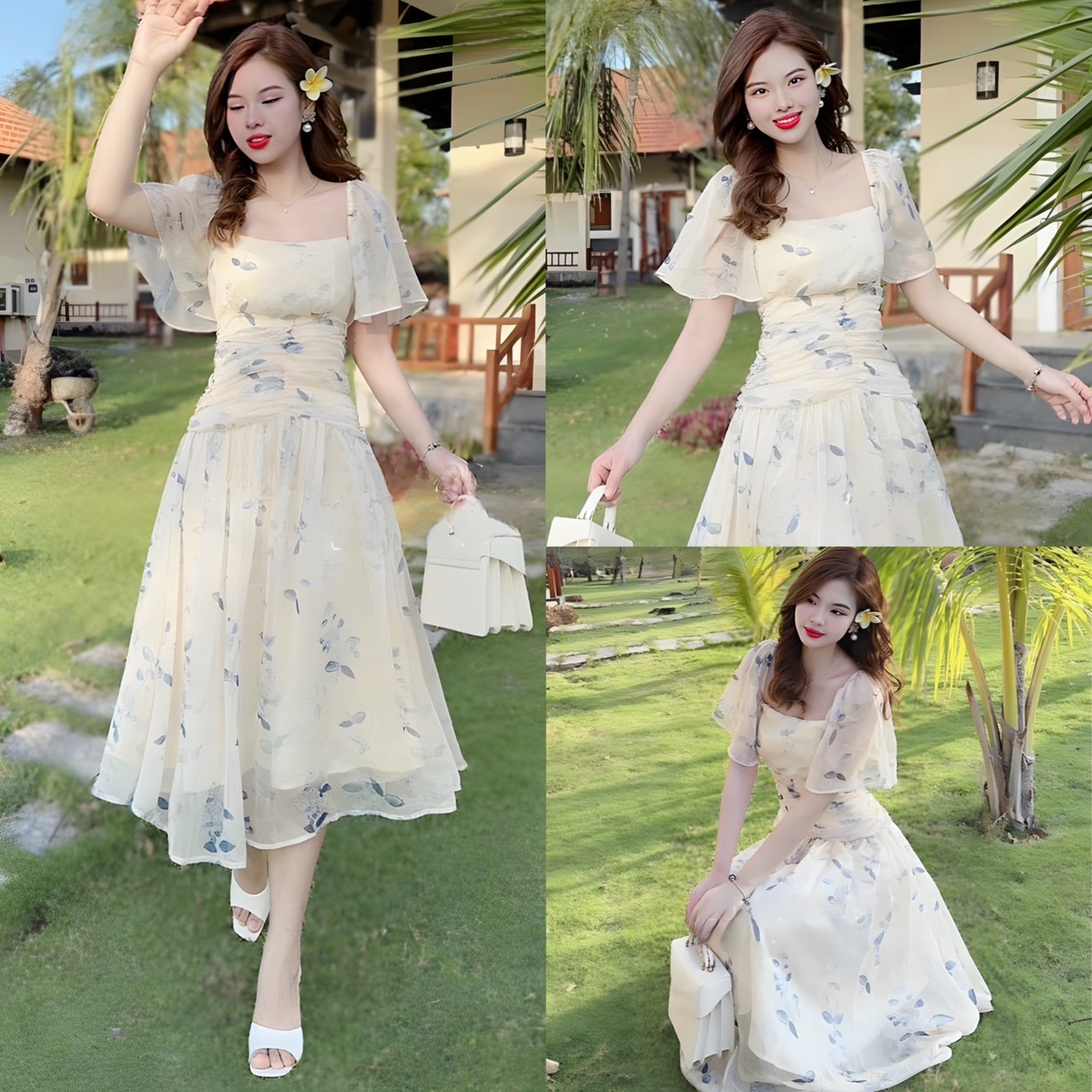 Đầm váy xòe voan hoa nhí bo eo tay xòe nàng thơ dịu dàng dạo phố nt7137