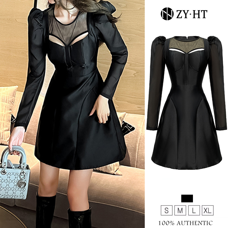 ZYHT eravogue đầm đen sang chảnh dự tiệc váy xoay Váy chữ A đầm tay dài 9567