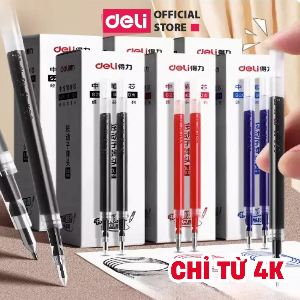 Ruột Bút Bi Mực Gel 0.5mm Deli ngòi dài 11cm dùng cho bút bi bấm lâu hết mực không gai khi viết mực trơn tru - set 10 chiếc - S206 A575