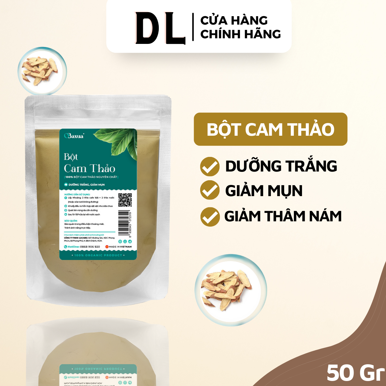 Bột Cam Thảo Obaxua 50Gr- Bột đắp mặt dưỡng Trắng Da và Giảm Mụn