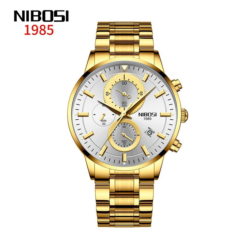 [HCM]Đồng hồ Nam NIBOSI NI2390 Dây Thép Cao Cấp Chạy 6 Kim - Tặng Pin Dự Phòng Và Cây Tháo Mắc (Dây Vàng Mặt Trắng)