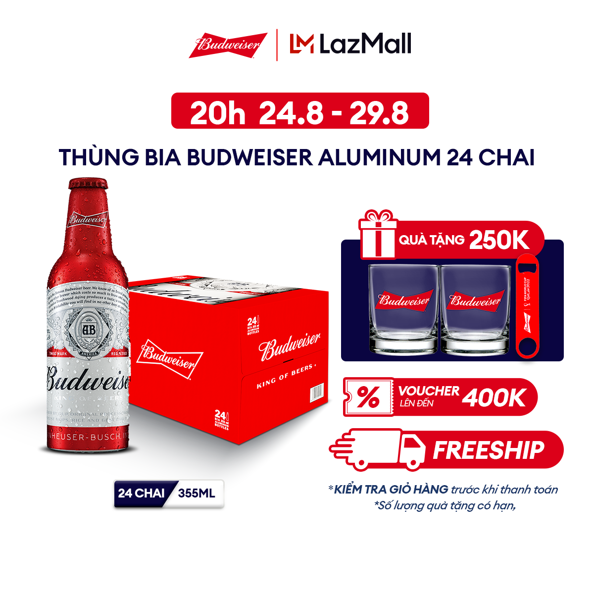 [20h 24.8 - 29.8 VC ĐẾN 100K+FS] Thùng 24 Chai Bia Budweiser Aluminum (355ml/chai)