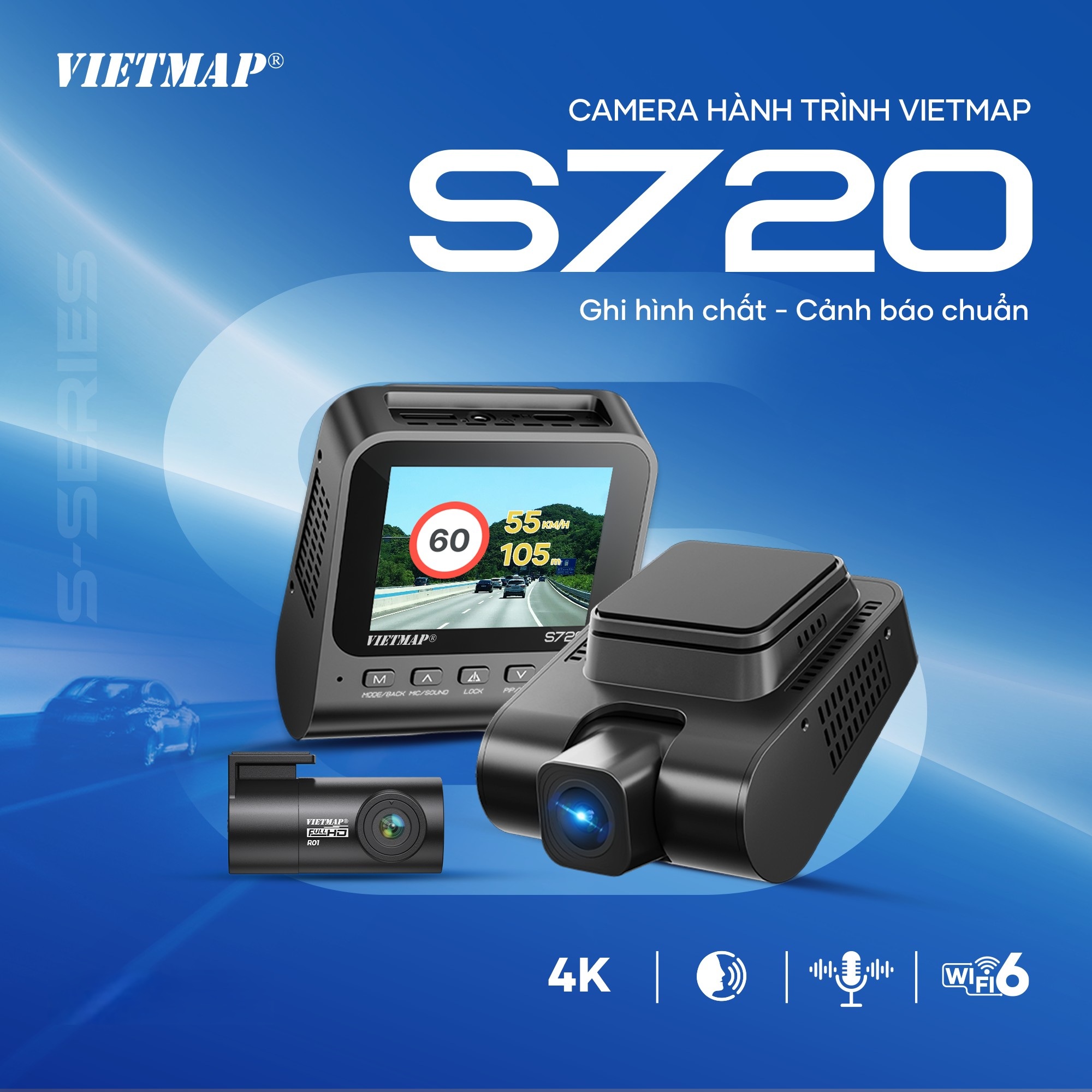 VIETMAP S720 Dual Dashcam with 4K Video & WiFi6 Connection, Vehicle Speed Control, and Smart Voice Recognition Giá 3,890,000 Đồng*Miễn phí vận chuyển