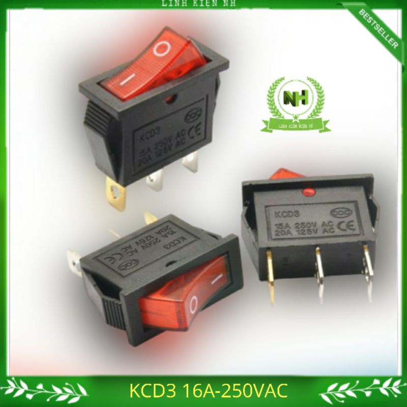 3 Chiếc Công Tắc Bập Bênh KCD3-101 16A/250V ( Có Đèn ) Dùng Trong Ổ Điện
