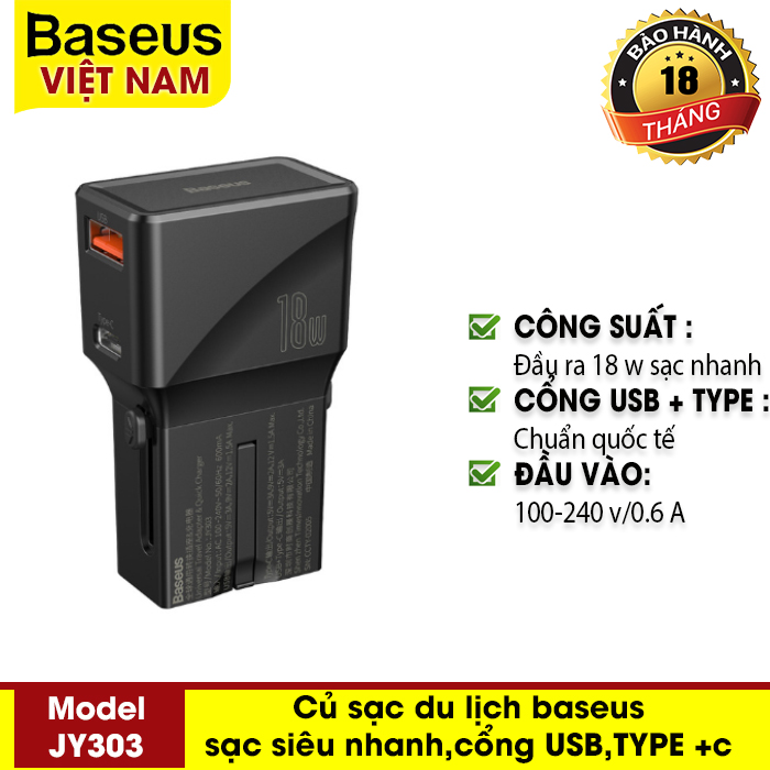 Củ sạc du lịch Baseus Youth Edition Universal Conversion Plug sạc nhanh 18W 1 cổng USB + 1 cổng Type-C với các chân cắm tiêu chuẩn quốc tế