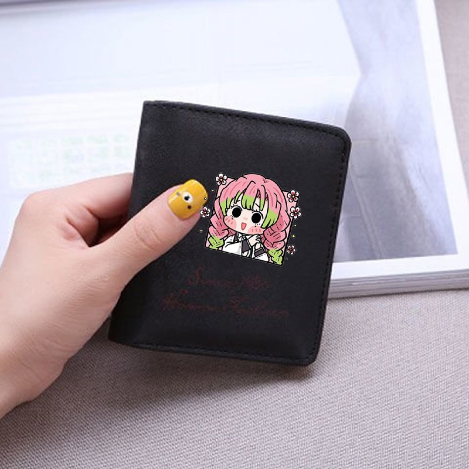 Ví ngắn in hình KIMETSU NO YAIBA Thanh Gươm Diệt Quỷ ver CHIBI VUÔNG đen hồng cầm tay tiện lợi anime chibi