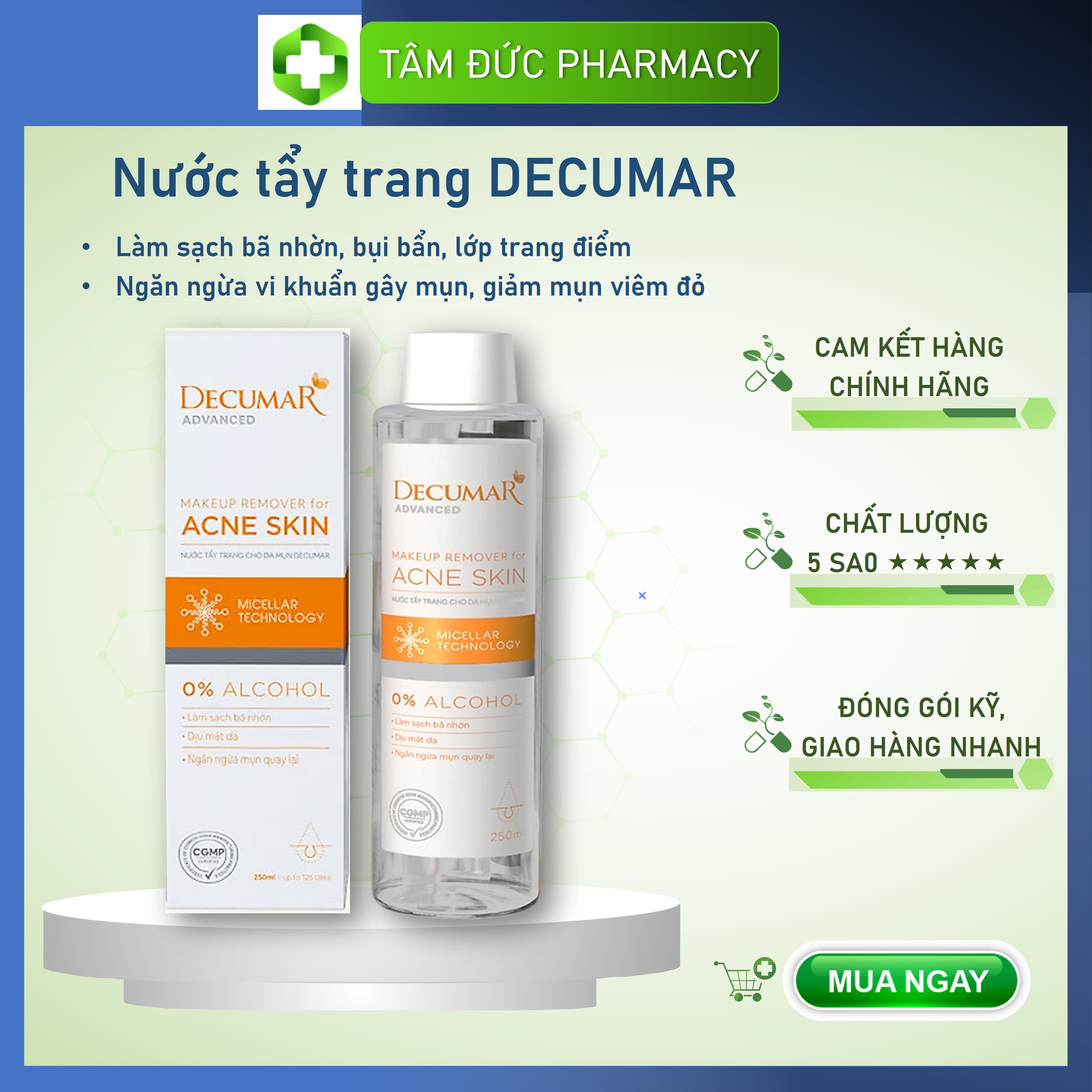 Nước tẩy trang cho da mụn Decumar Advanced 250ml không cồn, ngừa mụn, sạch sâu, kháng khuẩn, dưỡng ẩm, không khô da