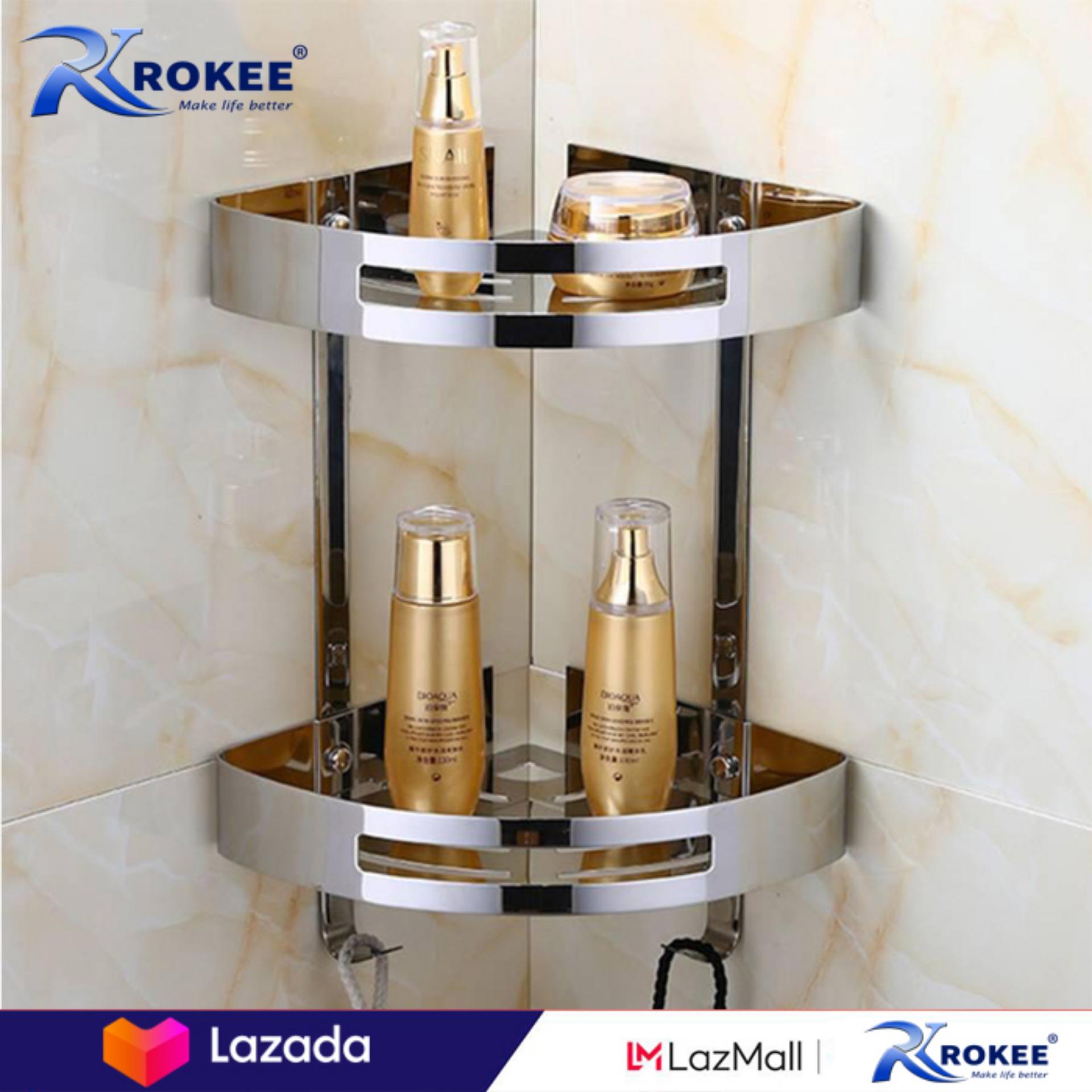 Kệ góc dùng trong phòng tắm, nhà bếp 2 tầng Inox SUS 304 Rokee - SU04 (Trắng bạc)