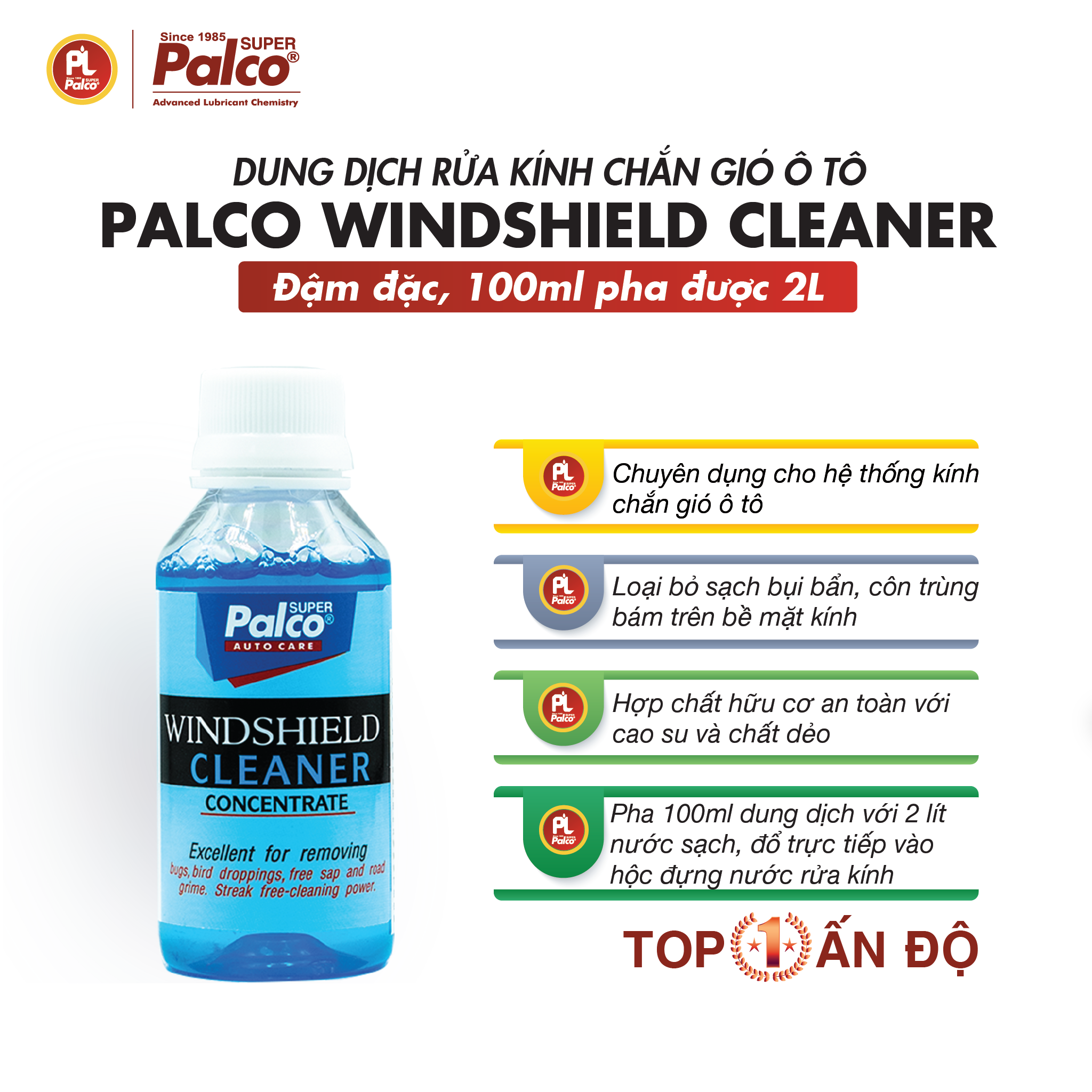 Nước Rửa Kính Xe Ô Tô Xe Hơi Chuyên Dụng, Siêu Sạch, Chống Bám Nước PALCO WINDSHIELD CLEANER 100ML (pha ra 2 lít) Top 1 Ấn Độ