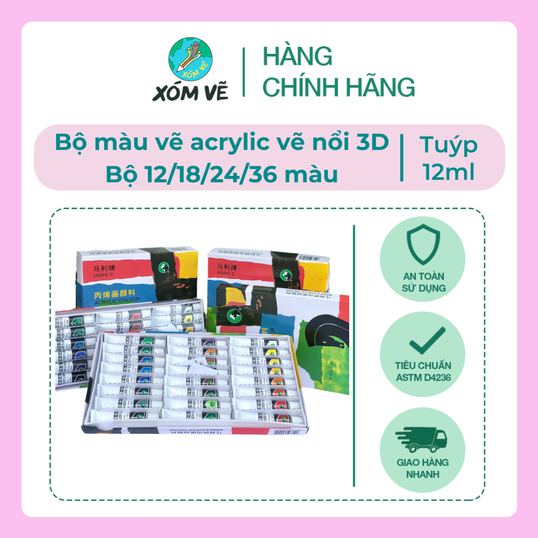 Màu acrylic vẽ trên mọi chất liệu tuýp 12ml đầu ngựa Maries - bộ 12/18/24/36 màu