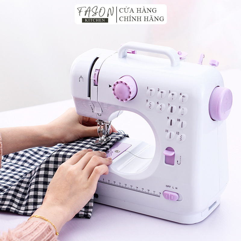 Máy may vá mini gia đình 12 đường may zigzag có vắt sổ, may được vải thun. máy khâu sạc điện dùng may rèm, may đồ decor, quần áo 505/705a - fasonkitchen