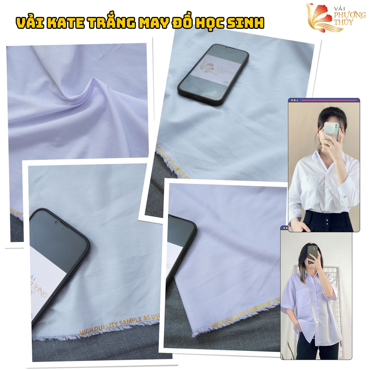 Vải kate trắng xanh Phượng Thúy chuyên may áo đồng phục học sinh hàng chuẩn xuất Mỹ biên vải in chữ khổ ngang 1m50