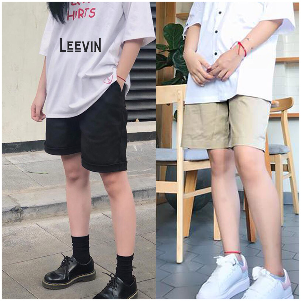 Quần Short Kaki Pants Basic Unisex Nam Nữ - Quần đùi Thun Kaki co dãn màu đen và be trơn ống rộng Ulzzang Leevin Store