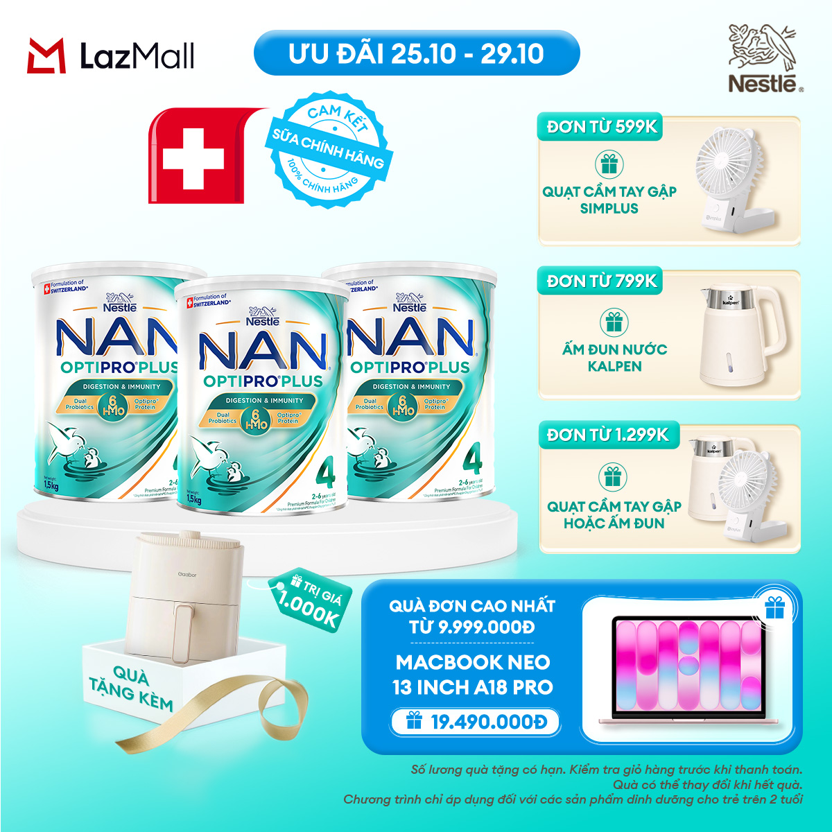 [CHỈ 25-29.10 QT ĐƠN 599K/799K/1299K] [Tặng Nồi chiên không dầu Gaabor] Bộ 3 lon Sữa bột Nestle NAN OPTIPRO PLUS số 4 1500g Công Thức Thụy Sĩ Cho Bé 2 - 6 Tuổi Có Đạm OPTIPRO, 6HMO  Lợi Khuẩn Kép