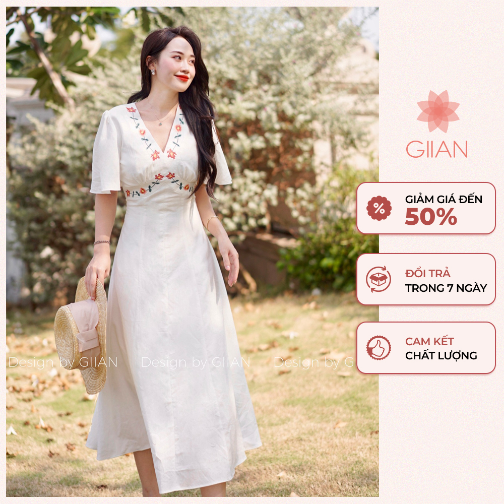 Váy trắng dáng dài cổ V thêu hoa du lịch chính hãng Giian - VA0075