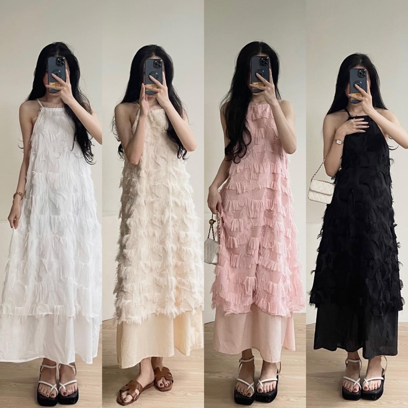 Váy maxi yếm lông 2 tầng hàng 2 lớp 4 màu, đầm nữ cổ yếm dáng dài
