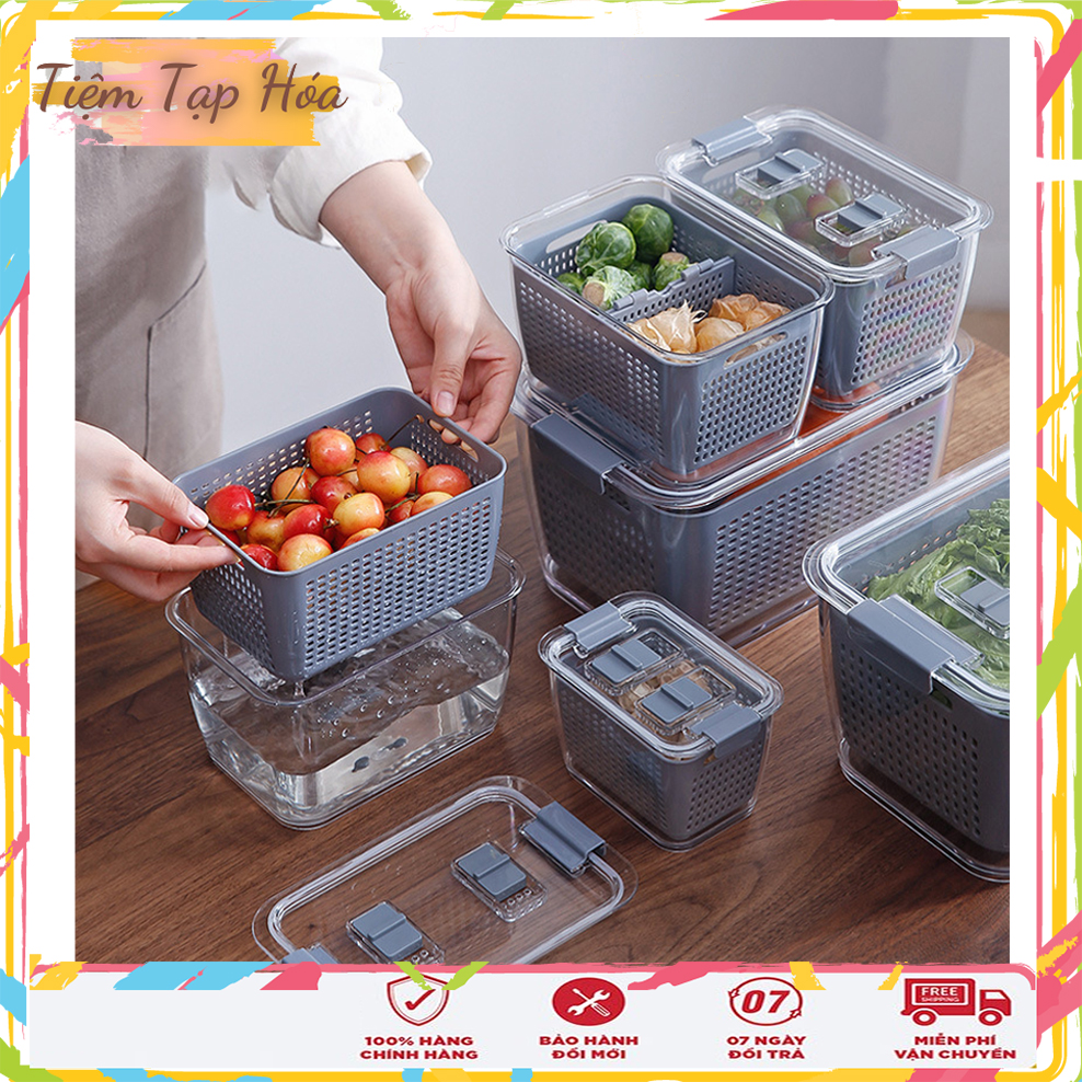[SIÊU SALE] Hộp Nhựa Đựng Thực Phẩm Tủ Lạnh 2 Lớp Có Lỗ Thoát Nước, Có Khóa Thoát Khí, Dễ Dàng Bảo Quản Rau Củ - Tiện Dụng, Đa Năng