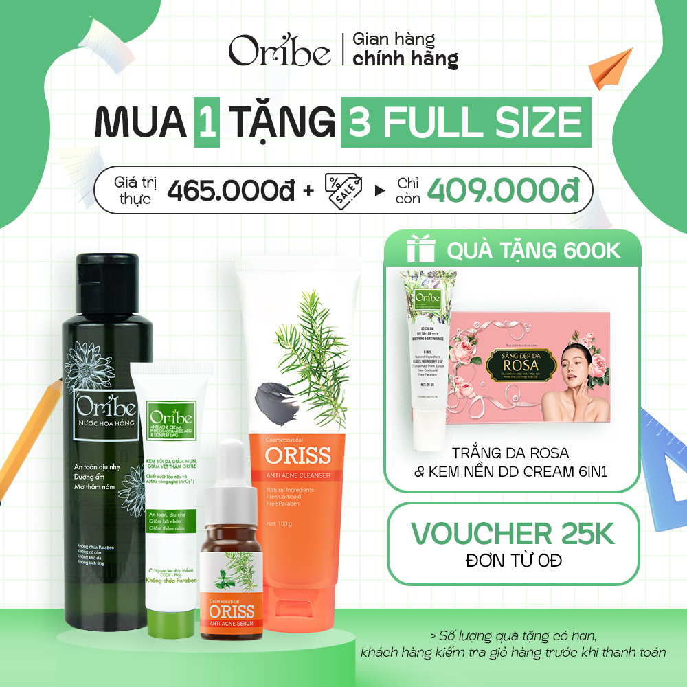 Bộ sản phẩm chăm sóc da mụn chuyên sâu oribe - làm sạch, kiểm soát dầu, ngừa mụn và mờ thâm mụn