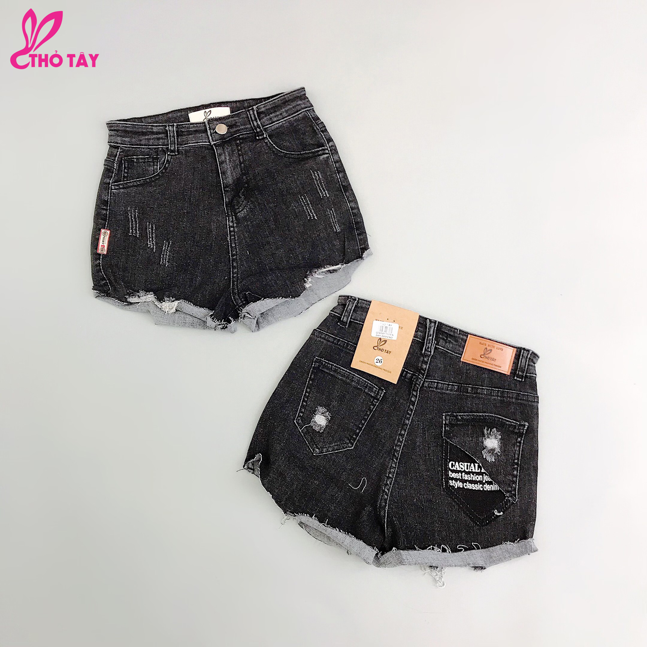 Quần jean đùi đen rách - thỏ tây q245b170