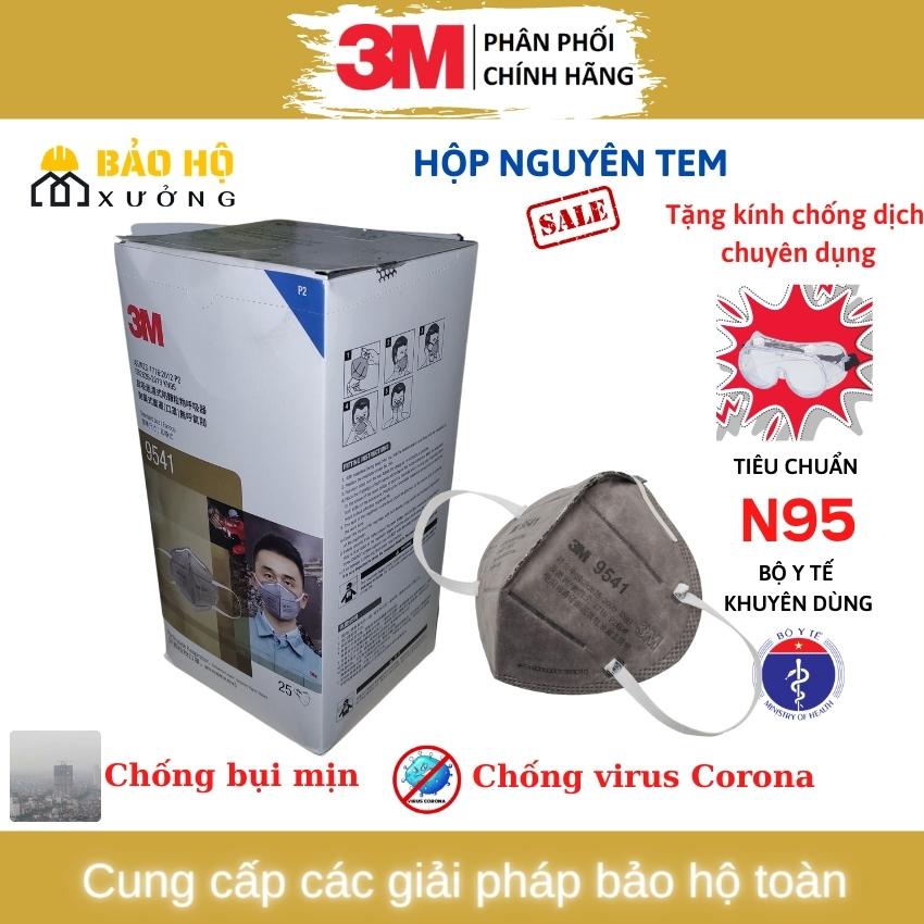 [Freeship, kèm quà 70k] Hộp nguyên tem khẩu trang bảo hộ 3M 9541 chính hãng tiêu chuẩn KN95 (tương đương N95, P2, KF94) than hoạt tính, chuyên dùng chống dịch, virus,vi khuẩn, giọt bắn,lọc bụi mịn, lọc mùi dùng trong công nghiệp,y tế