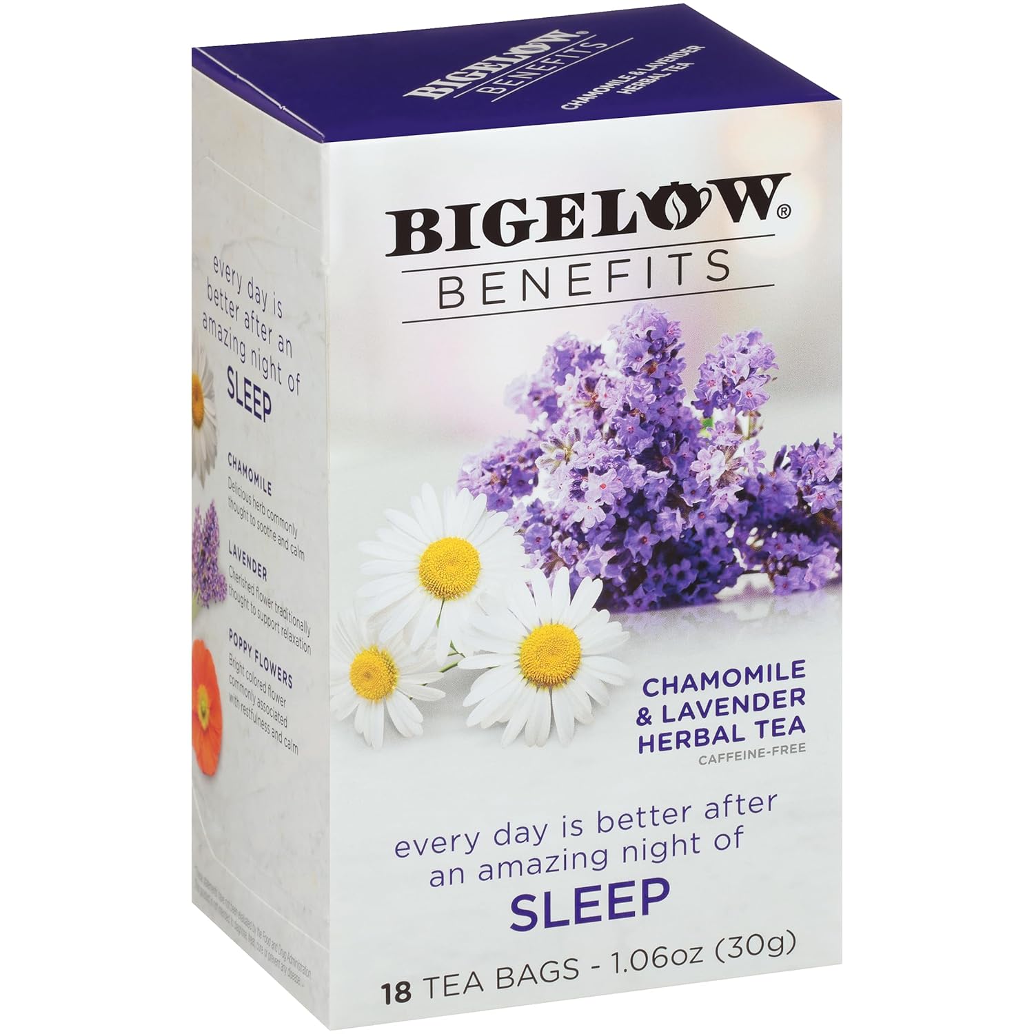 Trà Bigelow Benefits Sleep Chamomile Lavender – Trà sức khoẻ hoa cúc, hoa oải hương hộp 18 gói