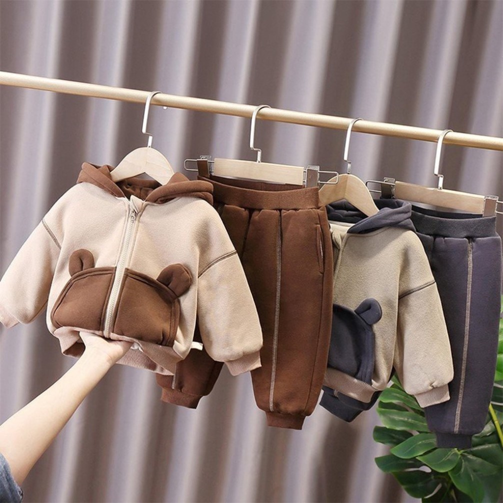 Bộ Áo Khoác Quần Nỉ Thu Đông Cho Bé SÂU SHOP Bộ Nỉ Bông Tai Gấu Cao Cấp Cho Bé Trai Bé Gái Từ 6-28kg