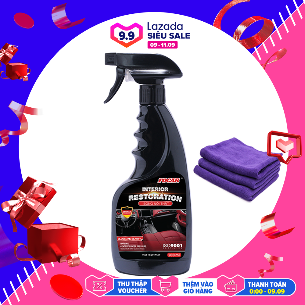 Chai Xịt Nội Thất Đánh Bóng Da , Nhựa , Vỏ xe FOCAR Interior Restoration 500ml (Tặng khăn đánh bóng Microfiber)