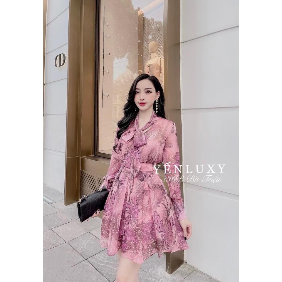 Rập giấy đầm tay dài thắt nơ cổ mã 1283