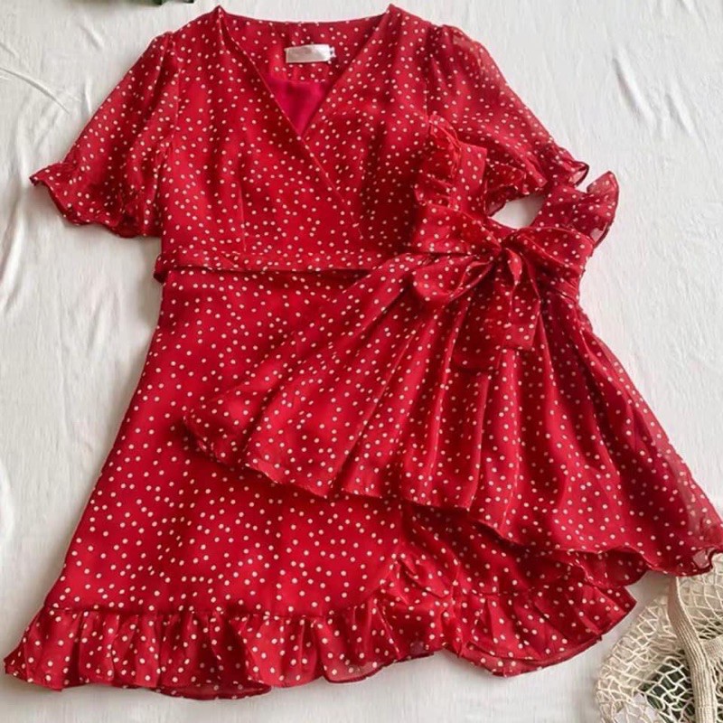 V415 - váy đôi mẹ con đỏ chấm bi nhí